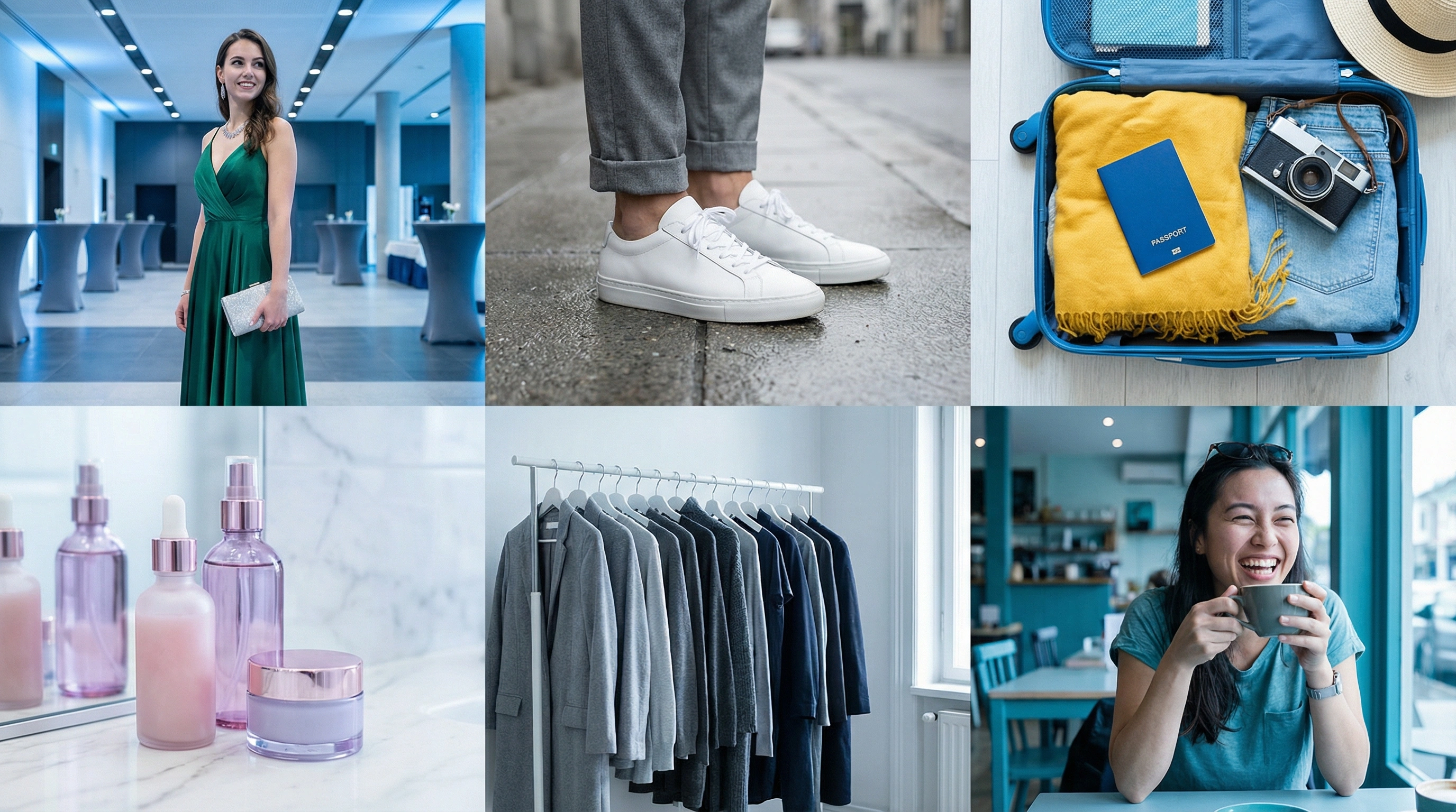 Collage of content categories - outfits, sneakers, travel, beauty